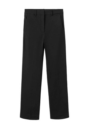 Pantaloni negri cu croială dreaptă, cu bucle pentru curea, buzunare laterale și închidere frontală cu fermoar și nasture, expuși pe un fundal alb.