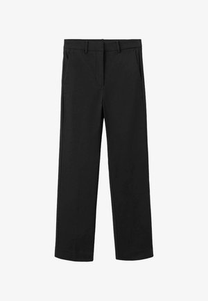 Črne hlače s ravnimi nogavicami z zankami za pas, stranskimi žepi ter zadrgo in gumbom na sprednji strani, prikazane na belem ozadju.