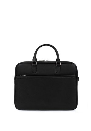 Mallette rectangulaire en cuir noir avec deux poignées, poche avant zippée et détails en métal argenté, conçue pour un usage professionnel.
