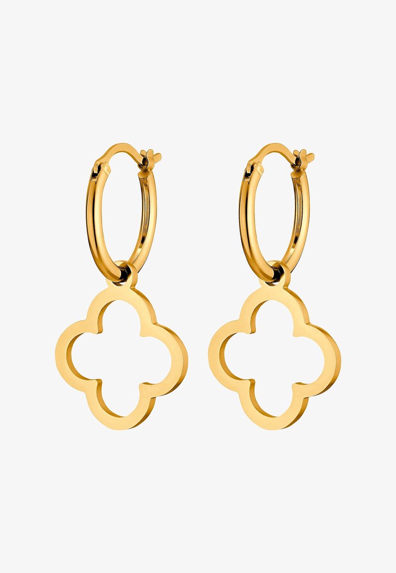 Paire de boucles d'oreilles créoles en or avec pendentifs ouverts en forme de quadrilobe suspendus sur fond blanc.