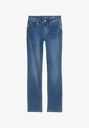 Sinine denimist valmistatud sirge jala disainiga teksapüksid, millel on viis taskut, nööpkinnitus ja peened kulumisdetailid.