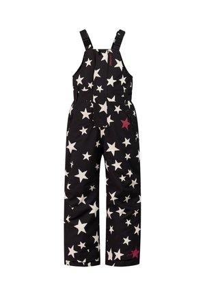 Salopettes de neige noires pour enfants avec motifs d'étoiles blanches et bretelles réglables, avec deux étoiles rose foncé sur le côté droit.
