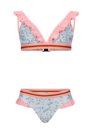 Bikini w kwiatowy wzór, składający się z lekko falbaniastego topu bralette z różowymi akcentami i regulowanymi ramiączkami, w komplecie z dopasowanymi majtkami z falbanami.