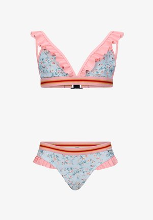 Bikini-set met bloemenprint, voorzien van een licht geschulpte bralette met roze accenten en verstelbare bandjes, gecombineerd met een bijpassende geschulpte onderkant.