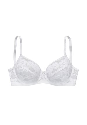 Weißer Spitzenbügel-BH mit verstellbaren Trägern und floralem Muster auf den Cups und dem Unterbrustband, entworfen für Halt und Eleganz.
