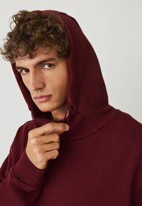 Bordeaux hoodie met een trekkoord, voorzien van een hoge kraag en geribde manchetten. De stof lijkt zacht met een gladde textuur.