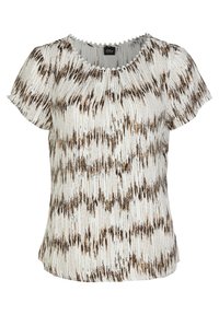 Blusa a maniche corte bianca con righe verticali marroni e una texture sottile. Presenta un collo rotondo con un bordo decorativo a scalloped.