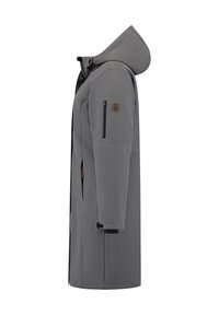 Grå vattentät jacka med huva, långa ärmar, ficka med dragkedja på ärmen, sidfickor och en slät, strukturerad yta.