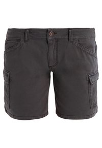 Szare cargo szorty wykonane z tkaniny mieszanej z bawełną, z bocznymi kieszeniami, przednim zapięciem na guziki i szlufkami na pasek.
