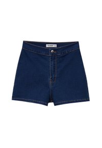 Siniset denim-shortsit korkealla vyötäröllä, jossa on napitus ja kontrastiväriset tikkaukset. Yksinkertainen muotoilu ilman lisäkoristeita.