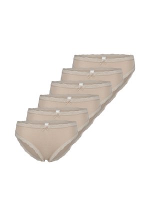 Six beige women's briefs with lace trim and small front bows, arranged diagonally on a white background.