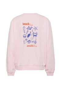 Sweatshirt roz deschis cu grafică și text tematice acvatice albastre pe spate, cu manșete și tiv cu benzi elastice. Design cu croi relaxat.