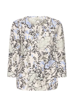 Blusa de mujer de manga larga con escote redondo, dobladillo elástico y patrón floral en azul pastel, verde y negro sobre fondo blanco.