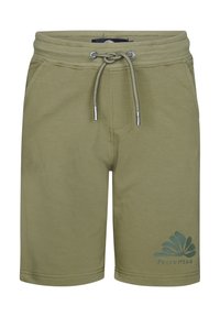 Shorts kaki en tissu mélangé coton, dotés d'une taille élastique avec cordon de serrage et d'un design imprimé sur le côté avec un logo en teal.
