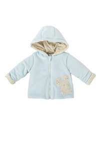 Chaqueta con capucha de forro polar de color azul claro, con un forro interior a rayas beige, que presenta un diseño de ratón en el frente y puños en color contrastante.