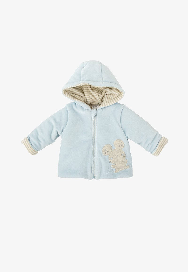 Chaqueta con capucha de forro polar de color azul claro, con un forro interior a rayas beige, que presenta un diseño de ratón en el frente y puños en color contrastante.