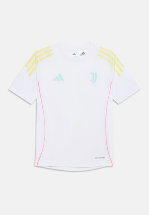 White short-sleeve sports shirt with yellow shoulder stripes, light blue logo, pink side accents, and "AEROREADY" label at the hem.