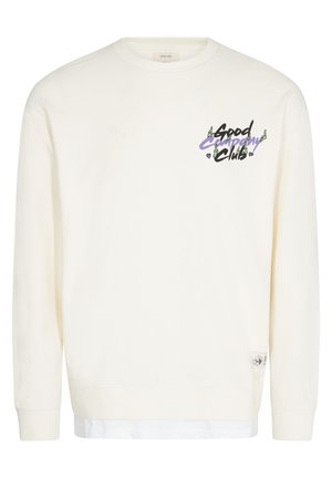 Krämfärgad sweatshirt med en grafisk tryck som har "Good Company Club" i svart och färgglada accenter. Långa ärmar och ribbade muddar.