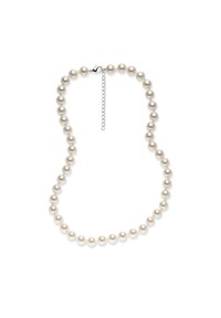 Cultured pearl necklace with round, white pearls, silver lobster clasp, and adjustable chain. Smooth texture and uniform size throughout.