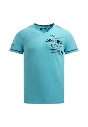 Camp David, CAMP DAVID T-SHIRT V-NECK MIT SLUB STRIPES UND PRINTS - T-Shirt print - aqua