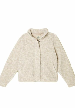 Beige Fleecejacke mit weicher Textur, Stehkragen, Druckknopfverschluss vorne und zwei seitlichen Taschen. Hat eine lockere Passform und keine sichtbaren Muster.