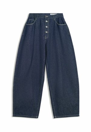 Dark blue denim wide-leg trousers with a high waist, five-button closure, and five pockets. Features stitching accents on seams.