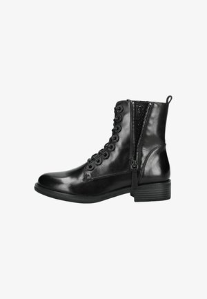 Bottines en cuir noir avec bout rond, fermeture éclair sur le côté, lacets décoratifs et accents texturés. Design à talon bloc pour la stabilité.