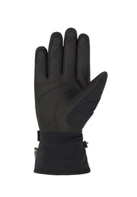 Schwarze Winterhandschuhe aus strukturiertem Stoff, Lederhandfläche und passgenauem Handgelenk. Merkmale sind verstärkte Nähte und ein verstellbarer Riemen für einen sicheren Sitz.