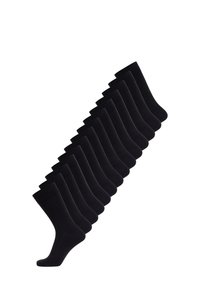 Black socks displayed in a diagonal arrangement, made of a smooth fabric with a ribbed cuff, featuring a solid color and no visible patterns.