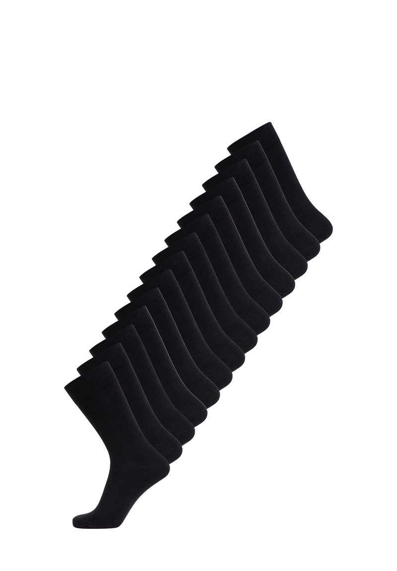 Black socks displayed in a diagonal arrangement, made of a smooth fabric with a ribbed cuff, featuring a solid color and no visible patterns.