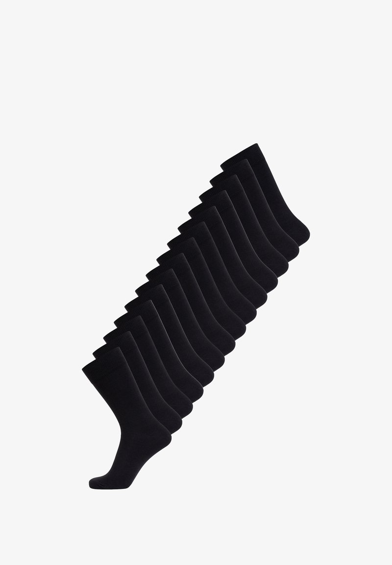 Black socks displayed in a diagonal arrangement, made of a smooth fabric with a ribbed cuff, featuring a solid color and no visible patterns.