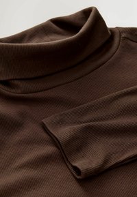 Brown ribbed turtleneck sweater featuring a soft texture, fitted design, and long sleeves. Close-up on the collar and sleeve detail.