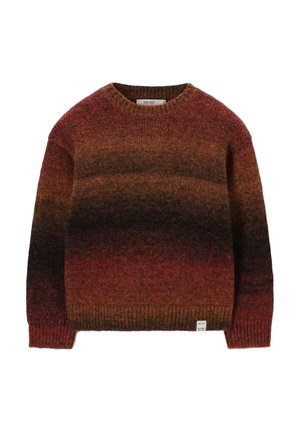 Long-sleeve knit sweater in gradient brown and dark red tones with ribbed cuffs and hem, round neckline, and small label near hem.