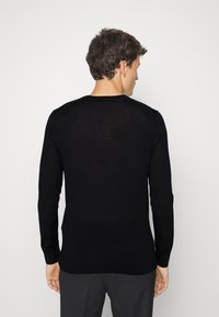 Maglione nero a maniche lunghe con scollo rotondo, texture a maglia fine e polsini a coste. Nessun logo o motivo visibile sul retro.