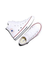 Par hvite high-top Converse All Star-sneakers med røde og blå striper og en synlig logo på ankellappen.