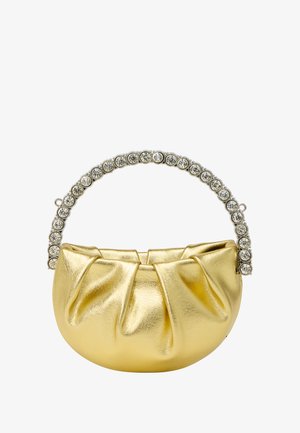 Gul læderhandtaske med en plisseret design, rund håndtag prydet med rhinsten, og en glat tekstur. Rund form og lille størrelse.