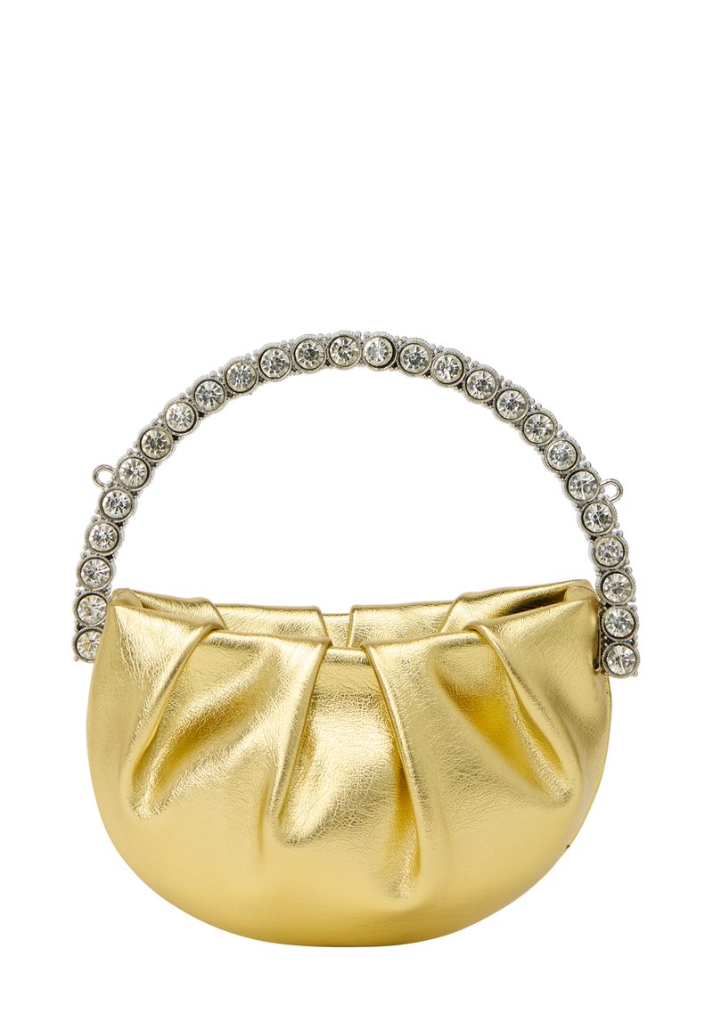 Gul læderhandtaske med en plisseret design, rund håndtag prydet med rhinsten, og en glat tekstur. Rund form og lille størrelse.