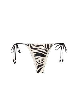 Czarno-białe figi od bikini w wzór zebry z cienkimi sznurkami do wiązania po obu stronach, każdy zakończony małymi czarnymi koralikami.