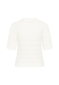 Pull blanc à manches courtes en maille avec motifs horizontaux texturés et col montant côtelé.