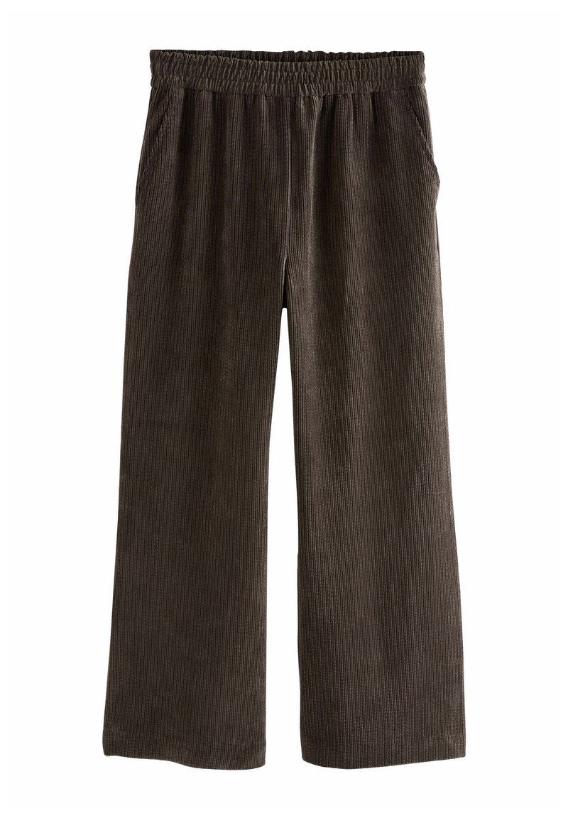 Bruine corduroy broek met een brede pijp, elastische tailleband en zijzakken; heeft een verticale ribbelstructuur over de gehele lengte.
