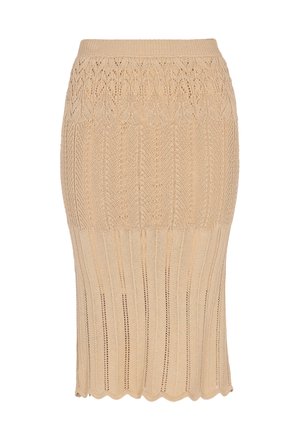  Bézs kötött ceruzaszoknya bordázott derékpánttal, bonyolult csipkeszerű mintákkal a felső részen és függőleges bordázott díszítéssel az alsó részen.