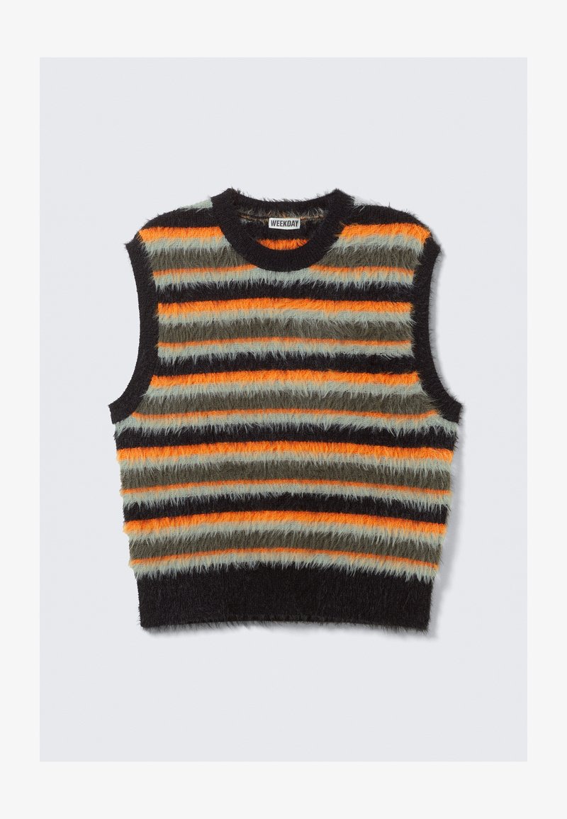 Ærmeløs fuzzy strikvest med vandrette striber i sort, orange, olivengrøn og lysegrå, med en rund halsudskæring.