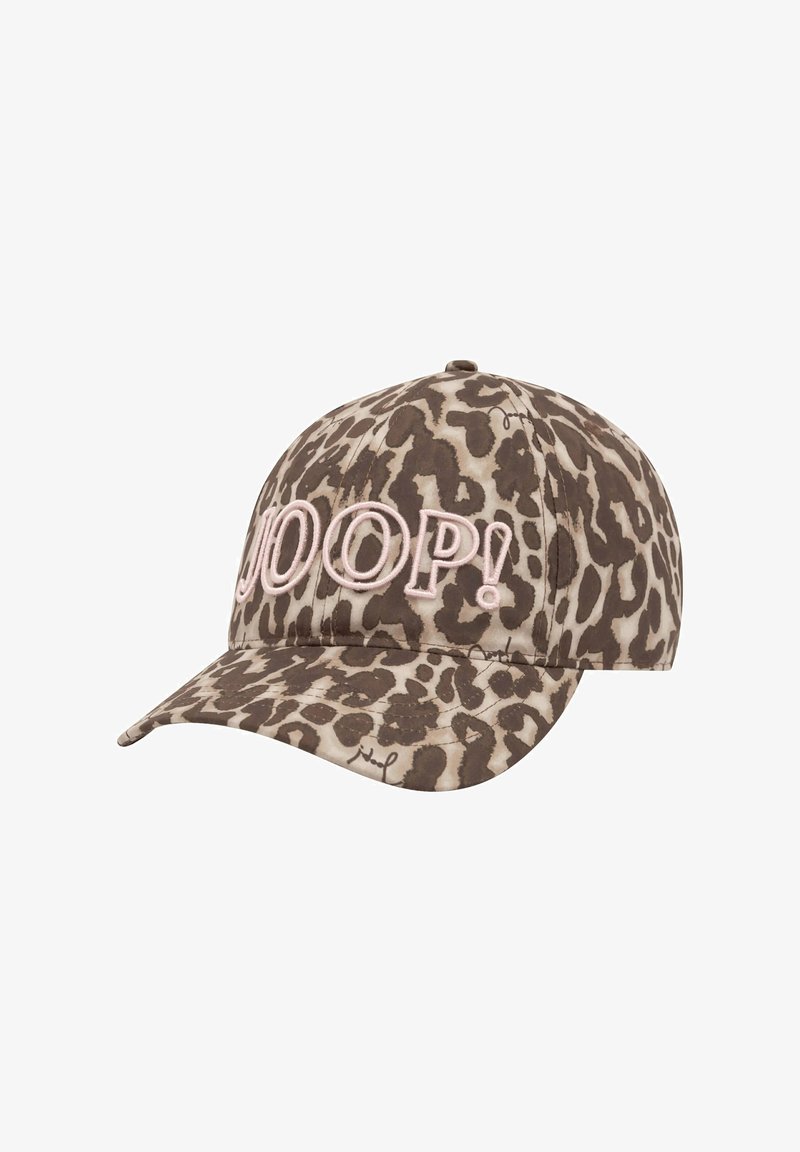 Casquette de baseball à imprimé léopard avec visière incurvée et texte brodé rose "JOOP!" sur le devant.