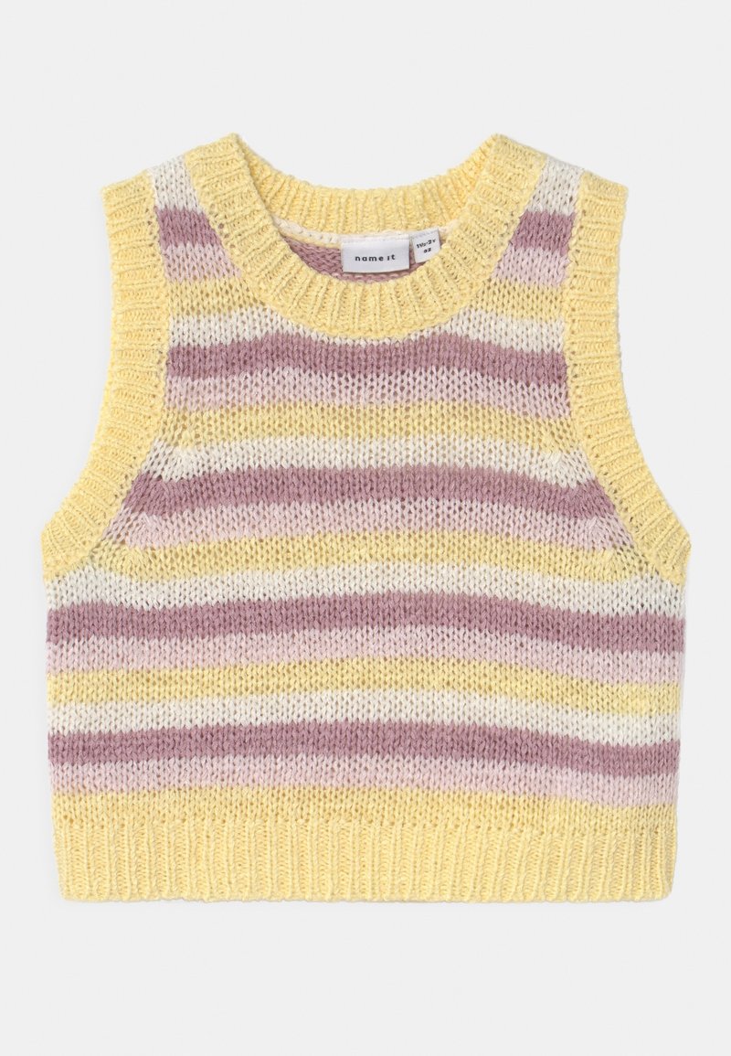 Veste sans manches en maille avec des rayures horizontales jaunes, blanches et mauves, avec un col, des emmanchures et un bas côtelés.
