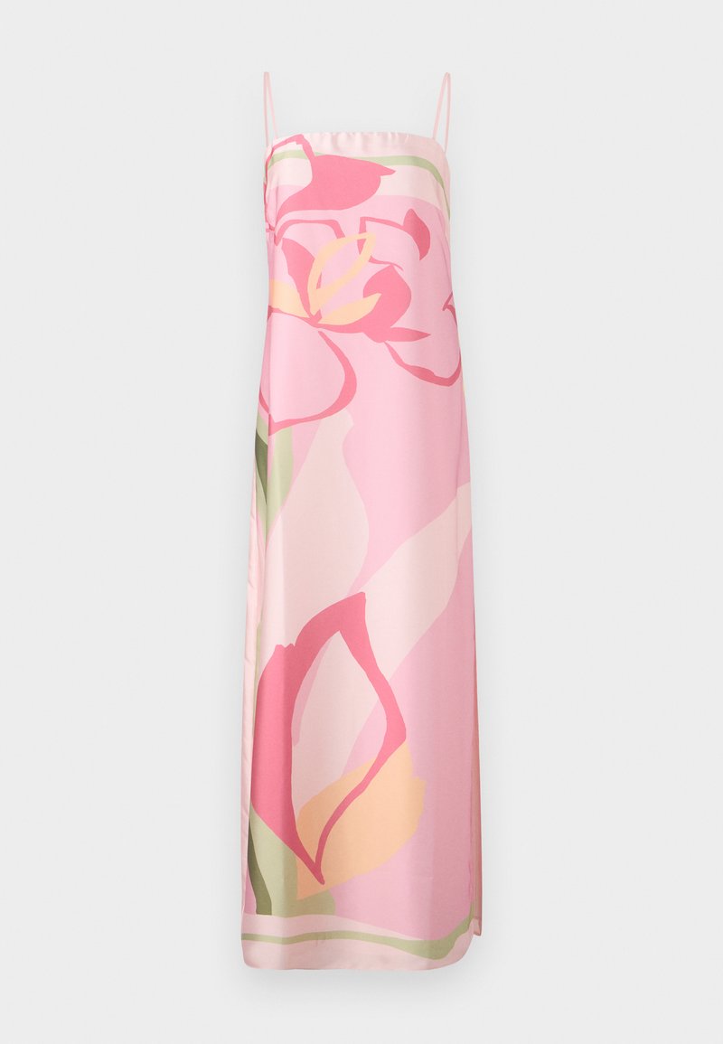 Robe sans manches rose avec un motif floral dans des teintes de rose, jaune et vert. Fabriquée en tissu lisse avec une silhouette droite.