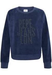 Sweat-shirt bleu marine à manches longues avec poignets et ourlet côtelés, arborant un texte en relief "PEPE JEANS LONDON" sur le devant.