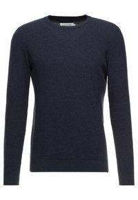 Ciemnogranatowy sweter z długimi rękawami, okrągłym dekoltem, teksturowanym wzorem dzianiny oraz prążkowanymi ściągaczami na rękawach i dole.