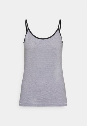 Witte en zwarte dunne horizontale gestreepte top met zwarte rand en dubbele dunne schouderbandjes op een effen achtergrond.