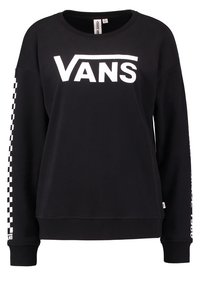 Sweat-shirt Vans noir à manches longues avec logo Vans blanc sur la poitrine et motif damier noir et blanc sur la manche gauche.