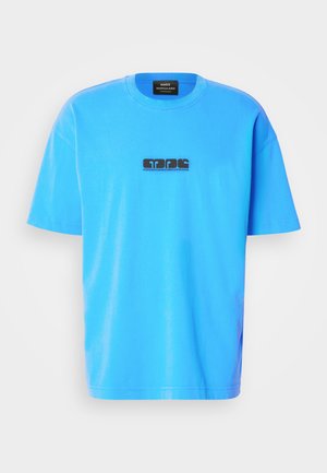 Blue cotton T-shirt featuring short sleeves, a crew neckline, and a black graphic logo on the front. Smooth texture with a relaxed fit.